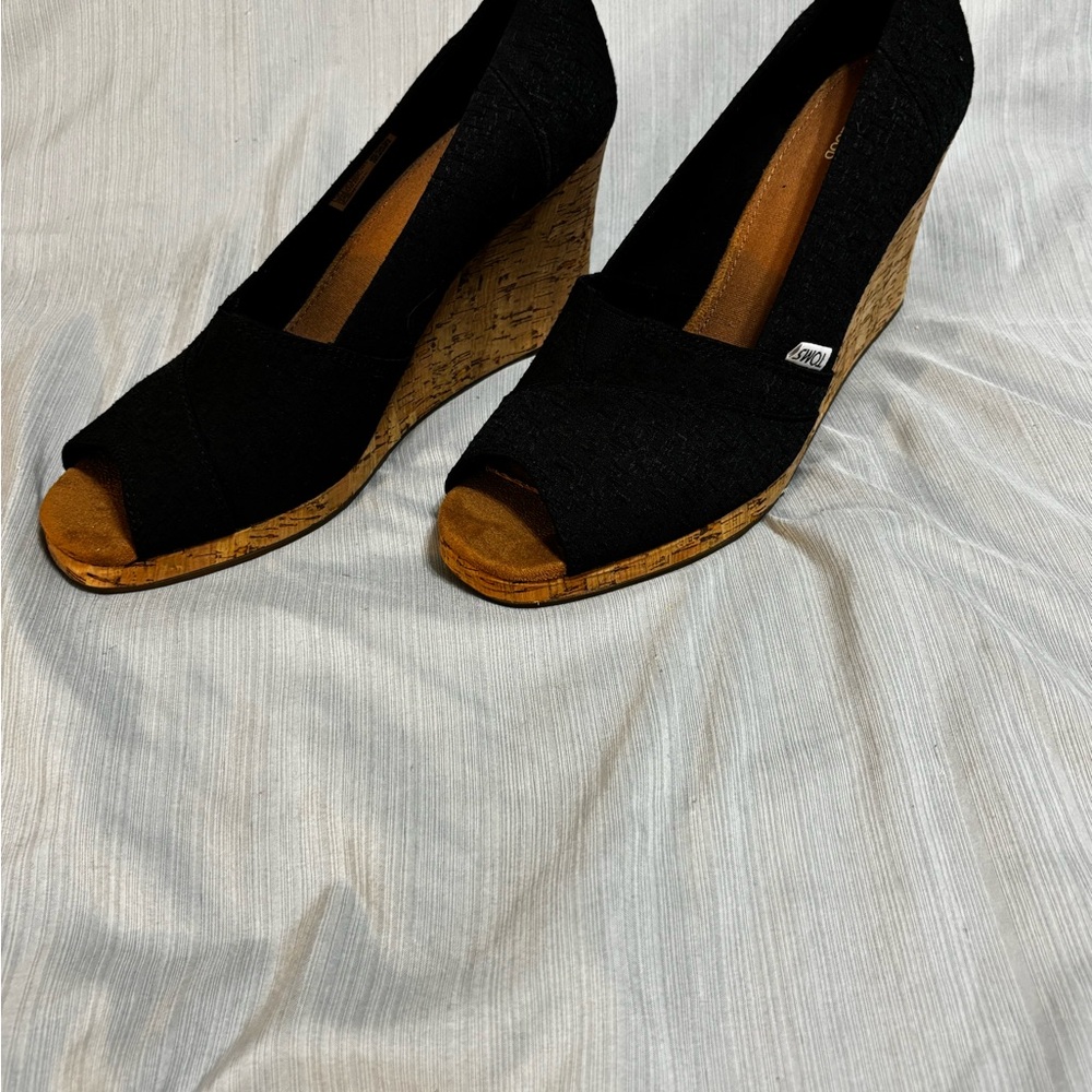 TOMS Black Peep Toe Wedges - Picture 3 of 4